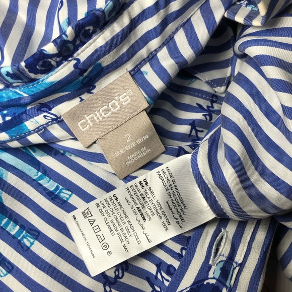 Chico's Striped travel theme button up Tunic top size 2 12/14 - Picture 7 of 9